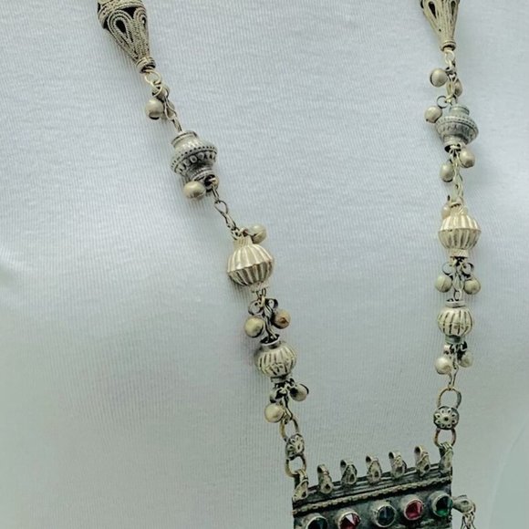 Vintage Long Chain Tribal Pendant Necklace, Gypsy Nomadic Ethnic Necklace - Picture 8 of 11